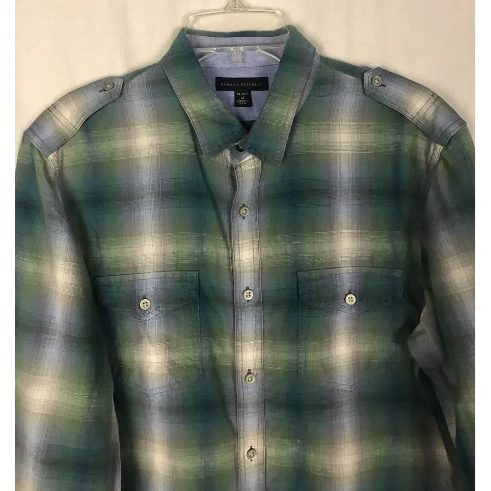 Banana Republic Shirt‎ Mens M (15-15 1/2) Button Front Green Plaid Long Sleeve